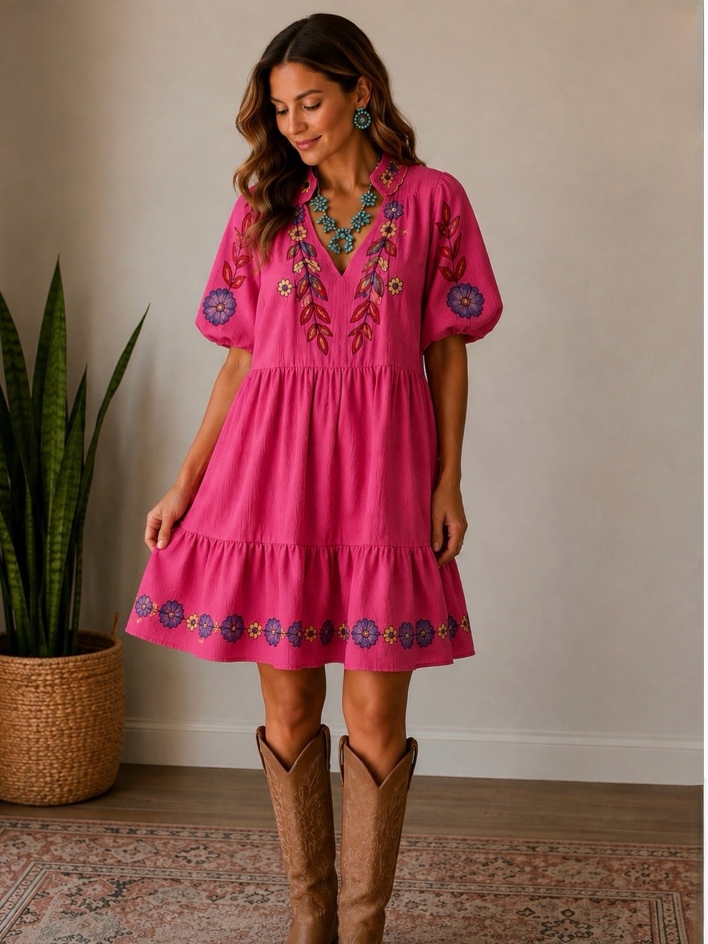 NWT Umgee Fuchsia Embroidered V-Neck Tiered Mini Dress